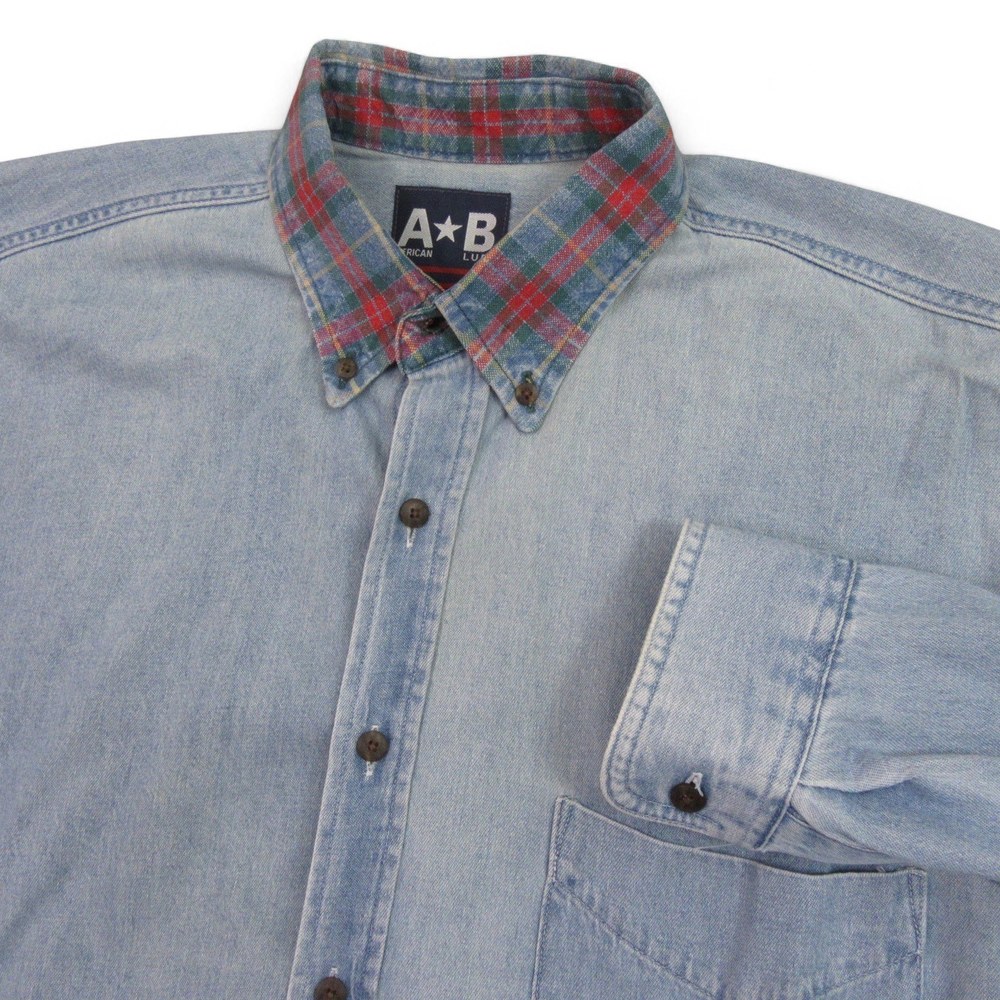 American Blue Vintage Mens Button Down Denim Shirt‎ M Light Wash Blue Plaid